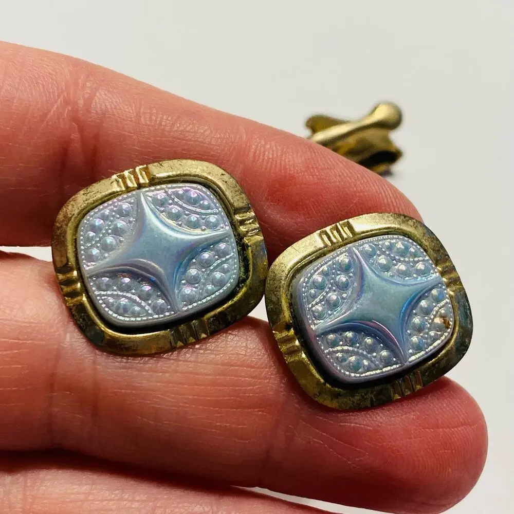 Vintage Mid Century Jewelry Set for Man Tie Bar Cufflinks Goldtone & Texture MOP